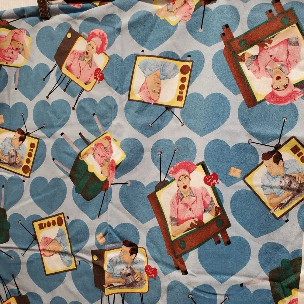 Lot of 2 Quilting Treasures I Love Lucy Fabric Remnants Pink Hat, Blue heart new